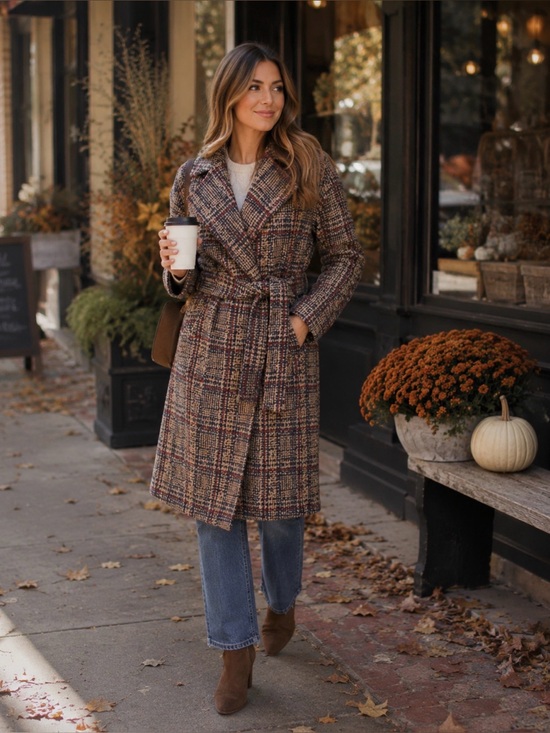 Express Jackets & Blazers - Express Plaid Wrap Oversized Tan Navy Red Trench Coat w/ Removable Belt XS